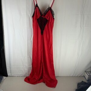 Vintage Paramount New York Red Satin Nightgown Black Lace Trim Maxi Slip Dress